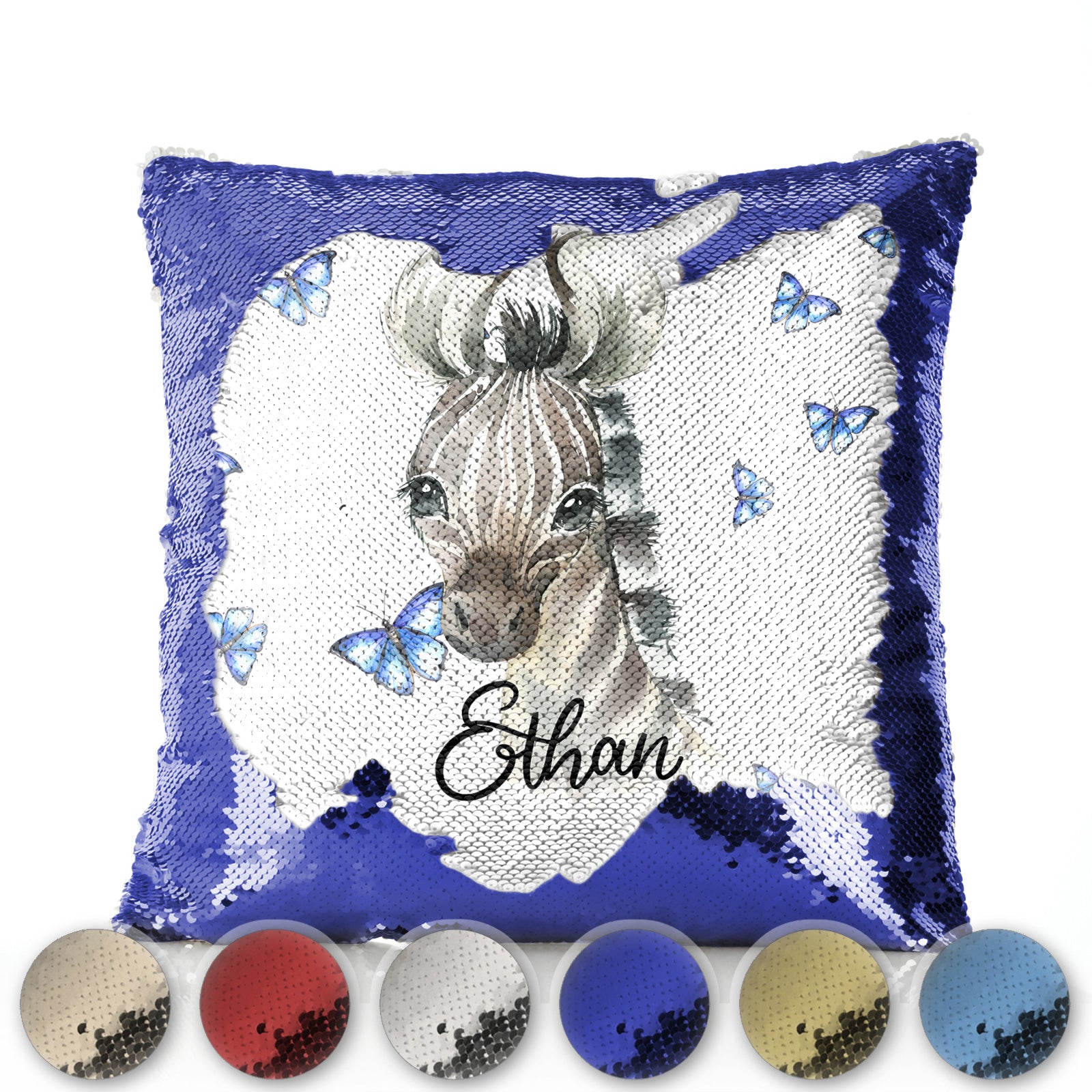 Personalised Sequin Cushion with Zebra Blue Butterfly and Cute Text