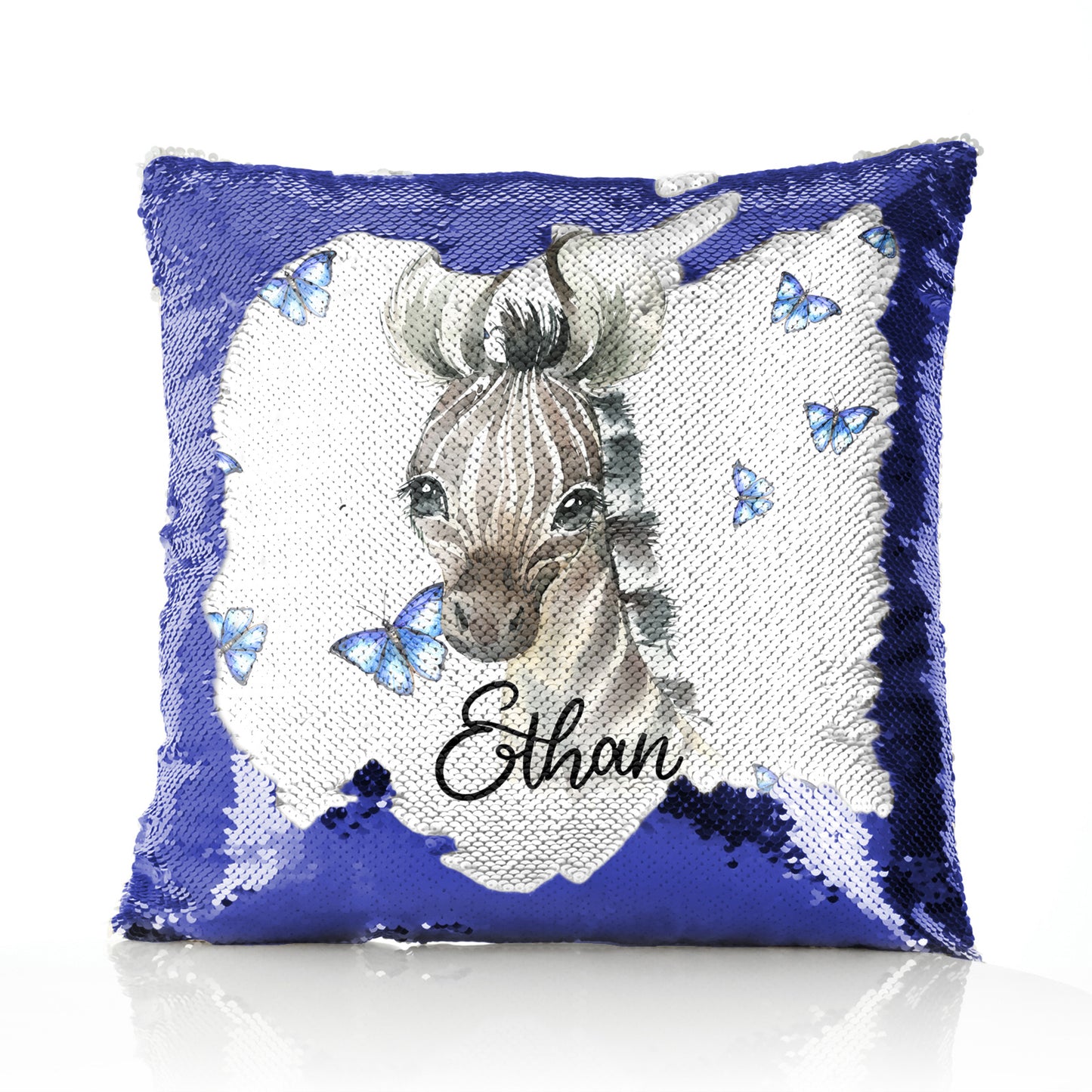 Personalisiertes Paillettenkissen mit zebrablauem Schmetterling und süßem Text