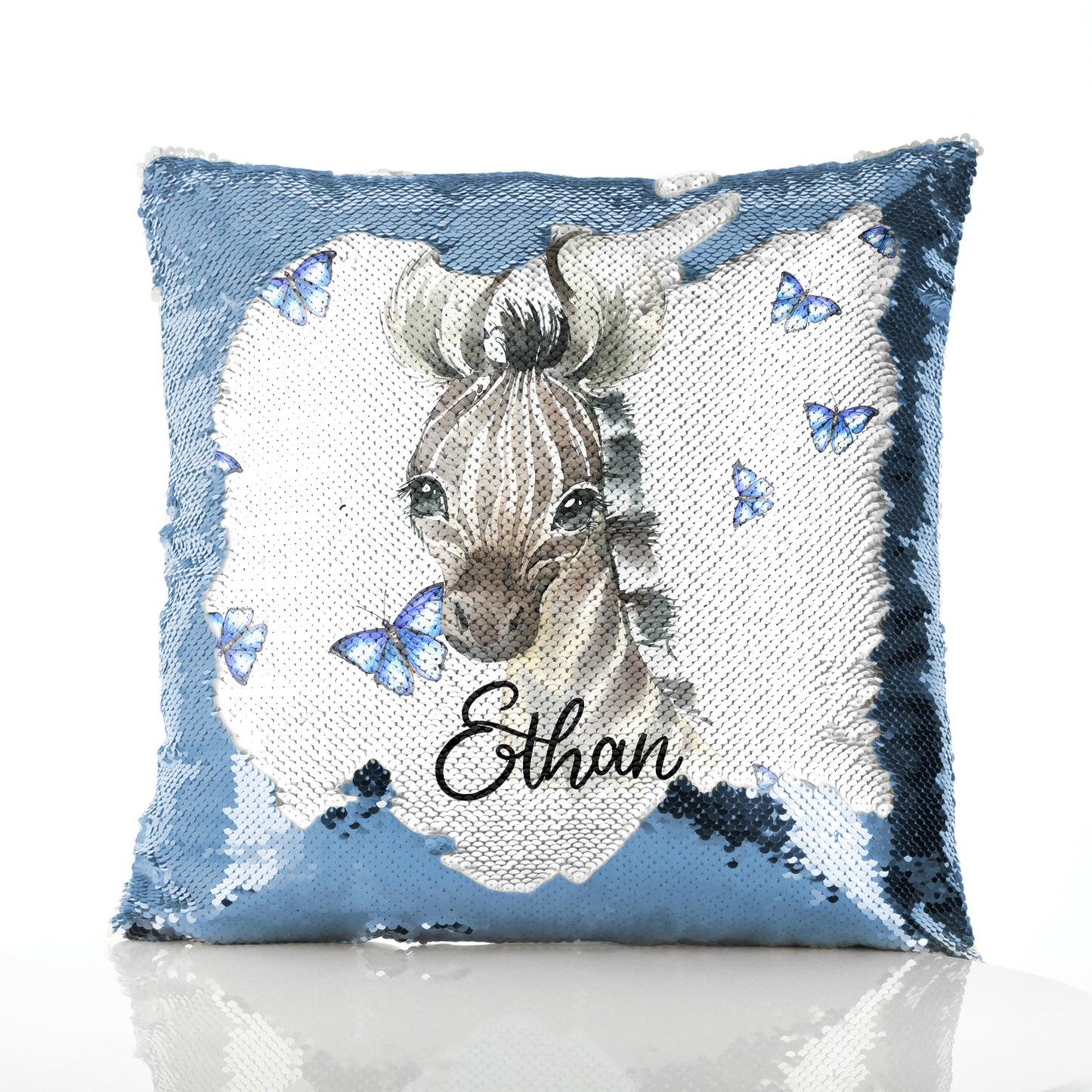 Personalised Sequin Cushion with Zebra Blue Butterfly and Cute Text