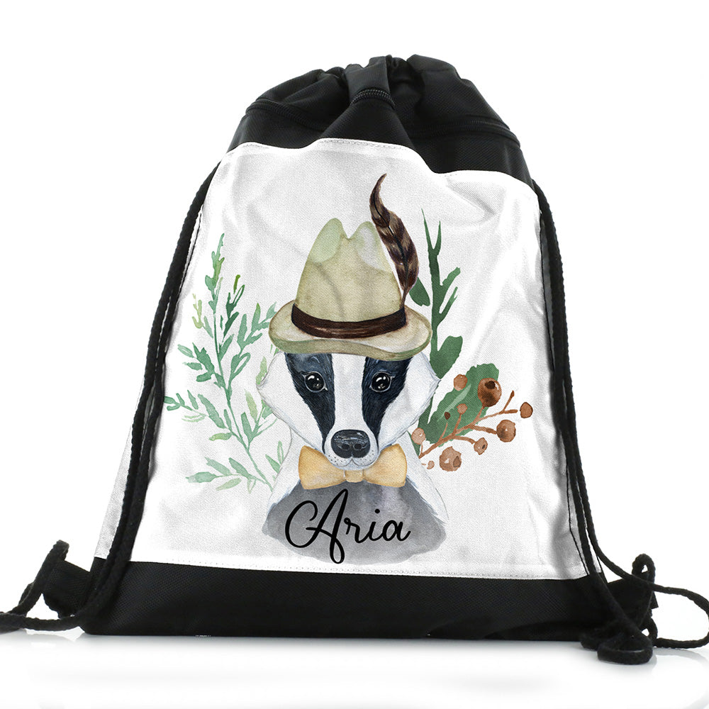 Personalised Badger Feather Hat and Name Black Drawstring Backpack