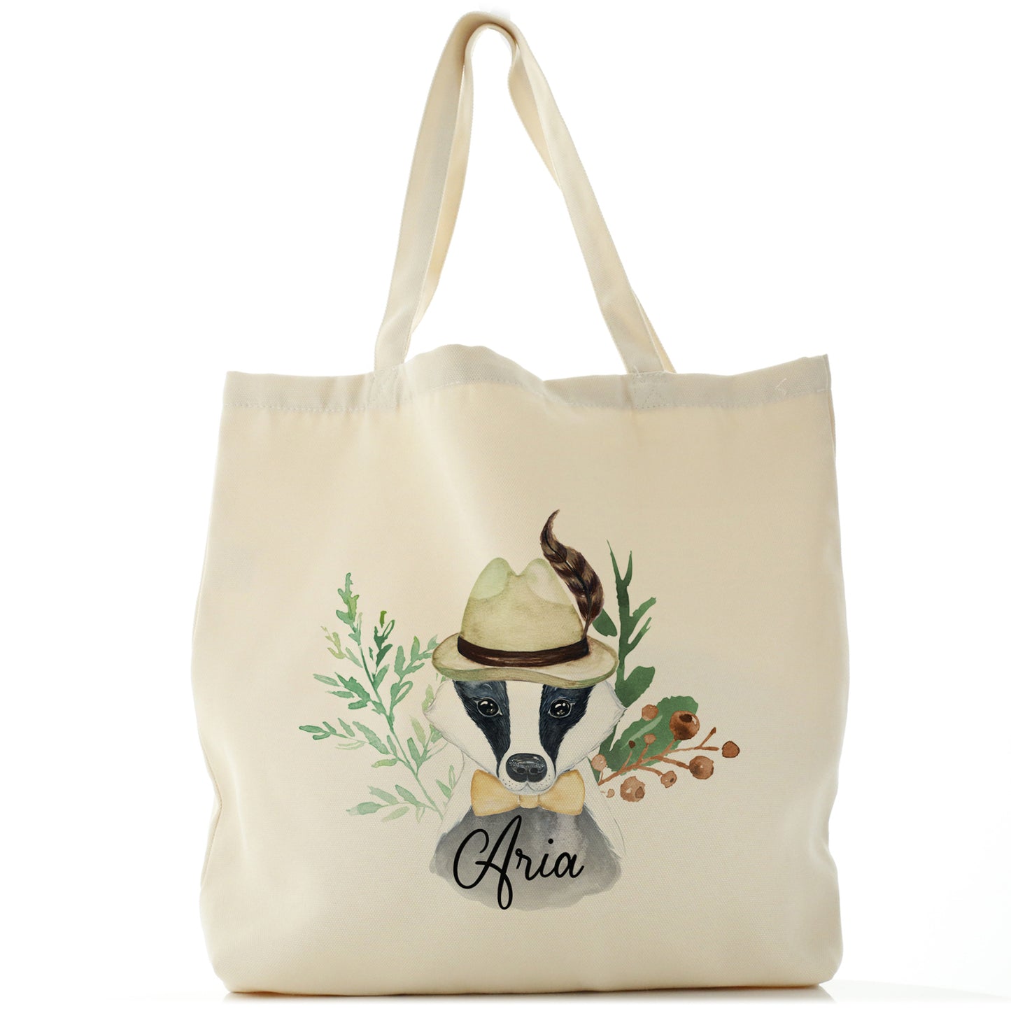 Personalised Canvas Tote Bag with Badger Feather Hat and Cute Text