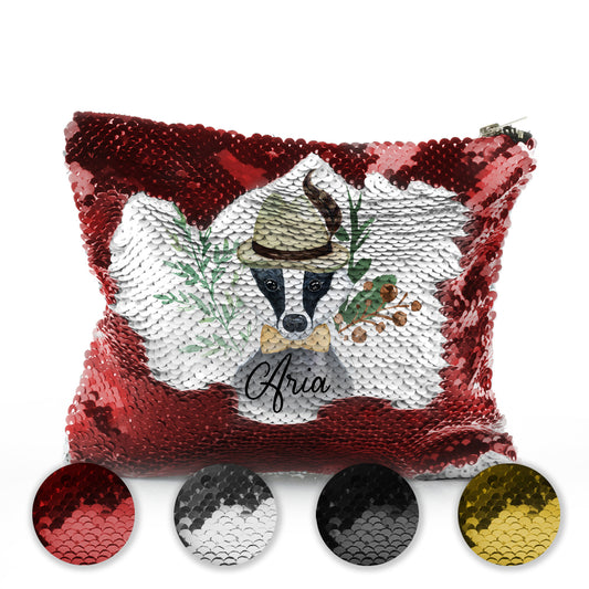Personalised Sequin Zip Bag with Badger Feather Hat and Cute Text