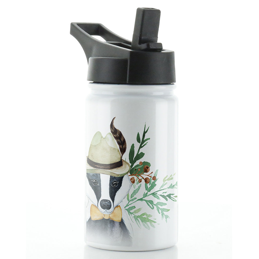 Personalised Badger Feather Hat and Name White Sports Flask
