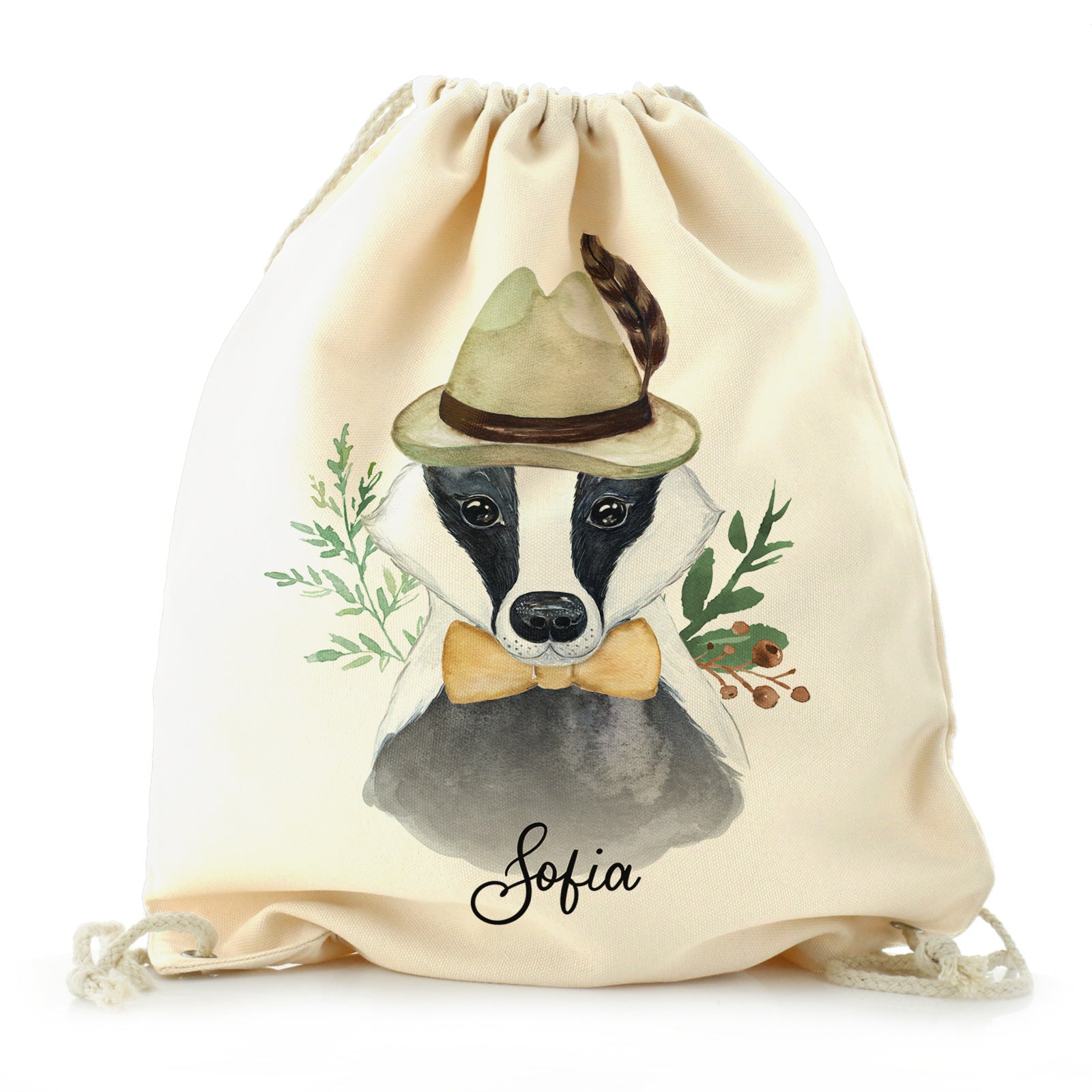Personalised Canvas Drawstring Backpack with Badger Feather Hat and Cute Text