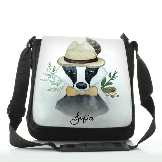 Personalised Shoulder Bag with Badger Feather Hat and Cute Text