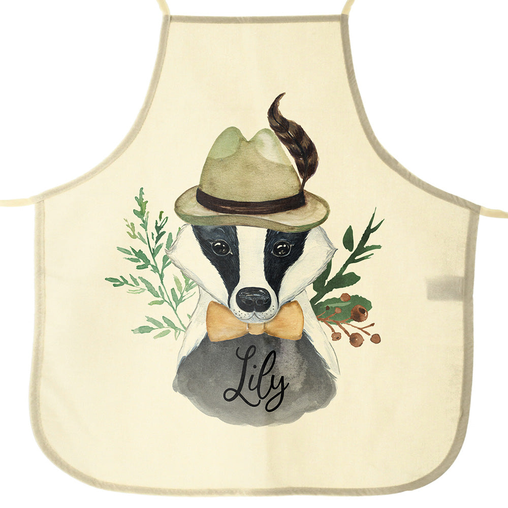 Personalised Canvas Apron with Badger Feather Hat and Name Design