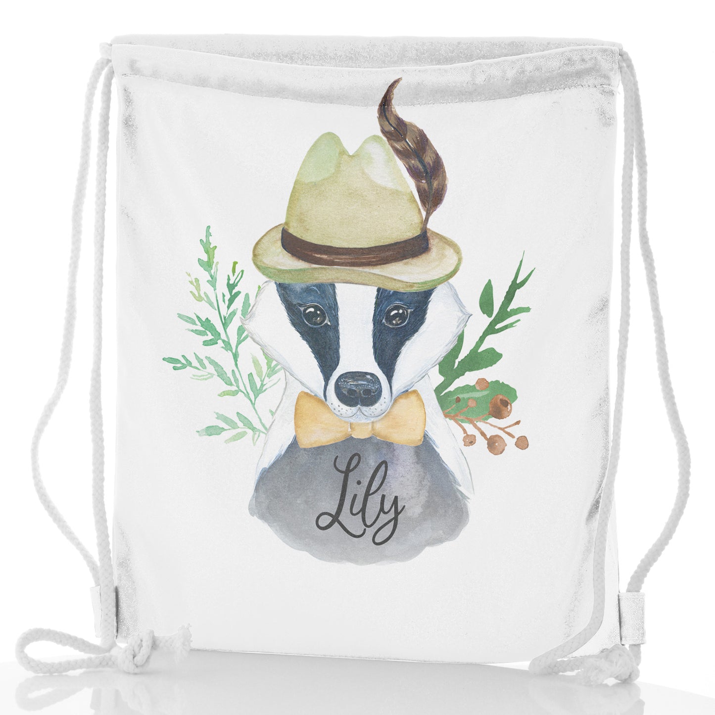 Personalised Glitter Drawstring Backpack with Badger Feather Hat and Cute Text