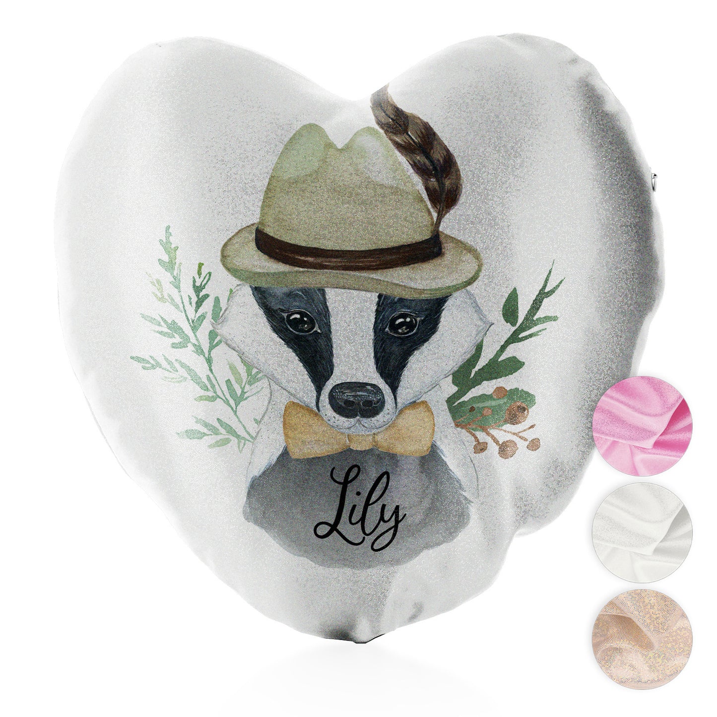 Personalised Glitter Heart Cushion with Badger Feather Hat and Cute Text