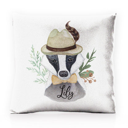 Personalised Glitter Cushion with Badger Feather Hat and Cute Text