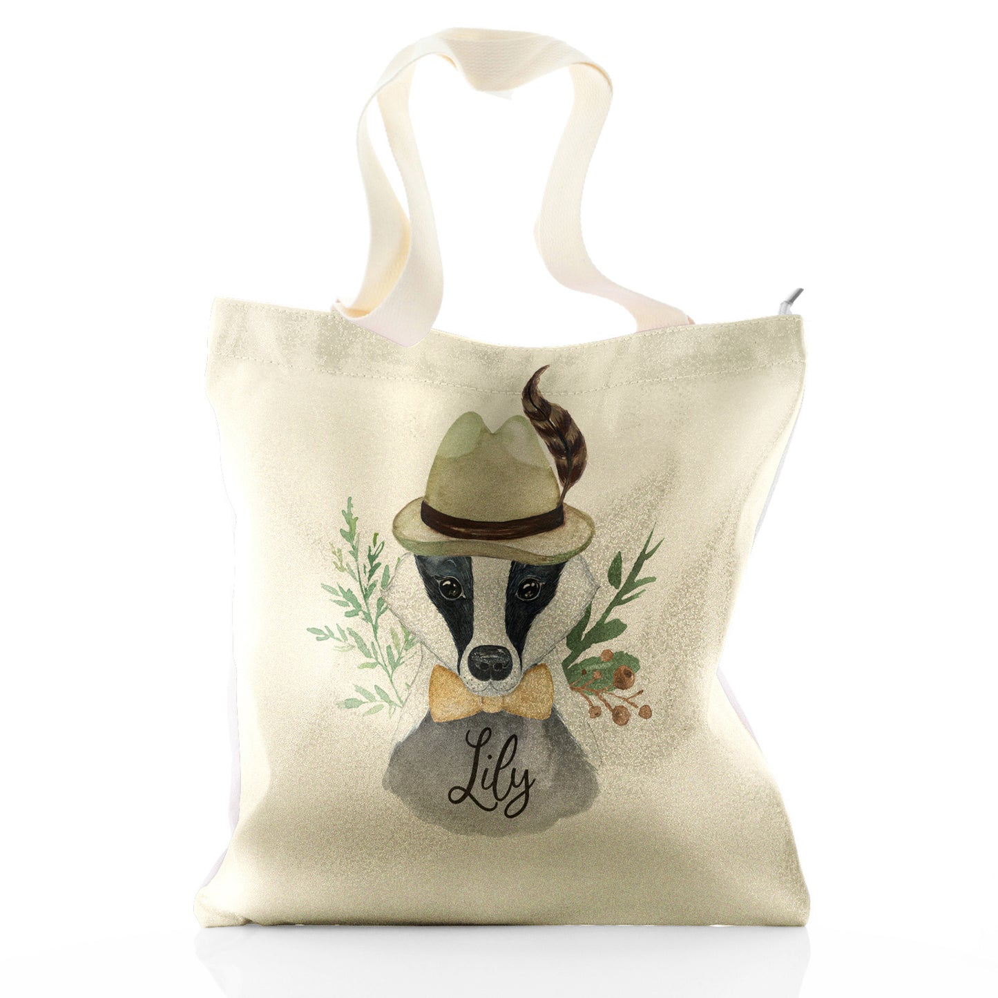 Personalised Glitter Tote Bag with Badger Feather Hat and Cute Text