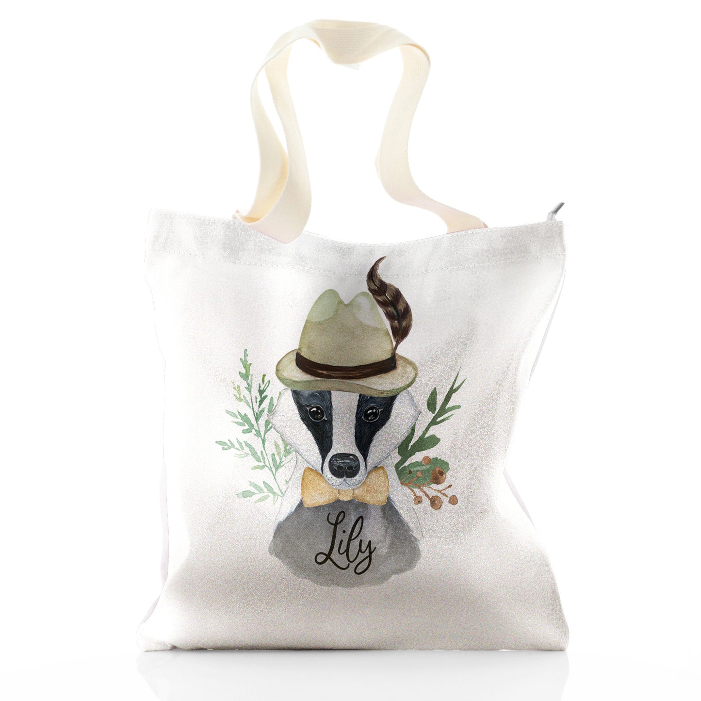 Personalised Glitter Tote Bag with Badger Feather Hat and Cute Text