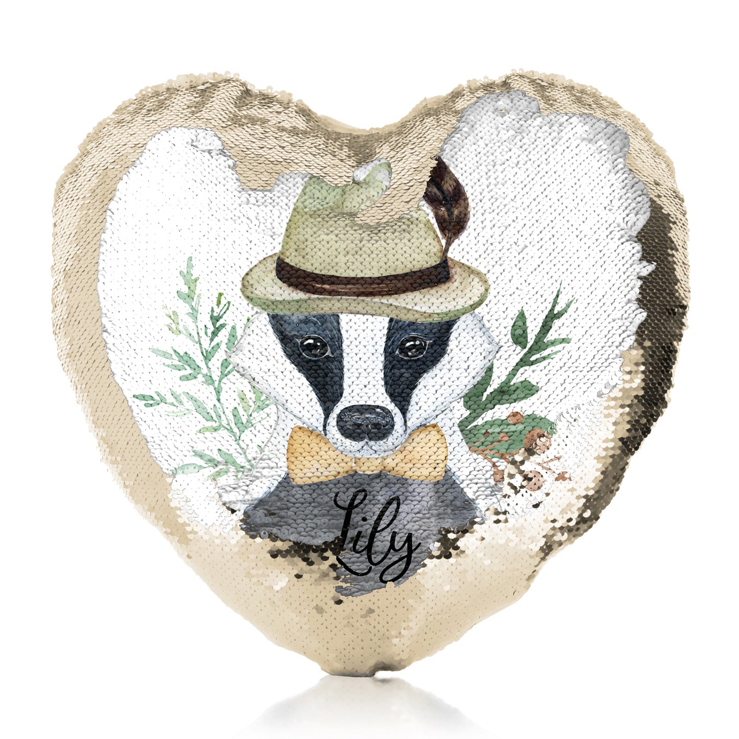 Personalised Sequin Heart Cushion with Badger Feather Hat and Cute Text