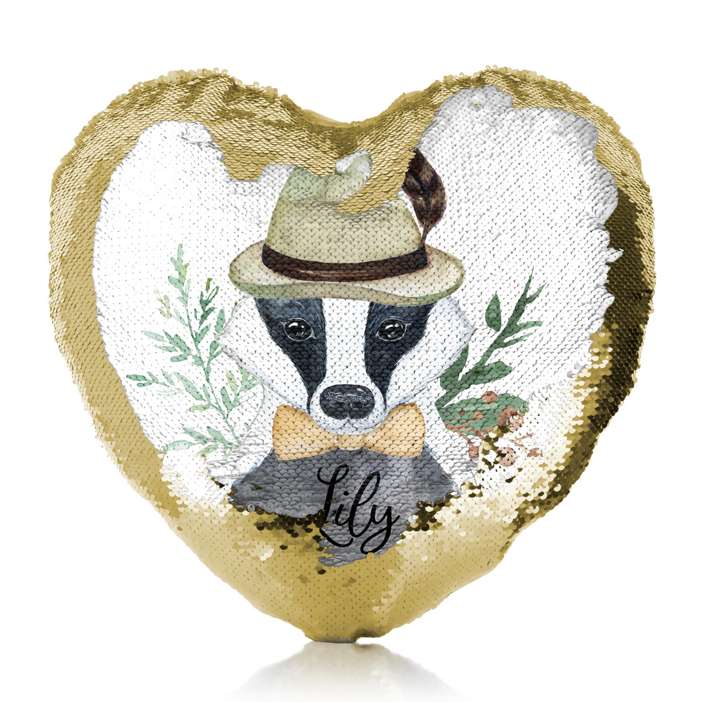 Personalised Sequin Heart Cushion with Badger Feather Hat and Cute Text
