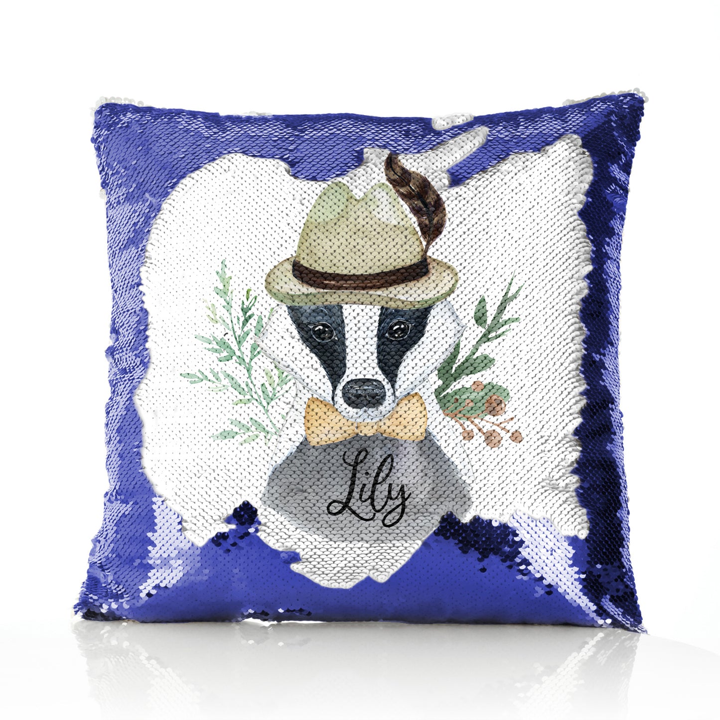 Personalised Sequin Cushion with Badger Feather Hat and Cute Text