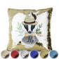 Personalised Sequin Cushion with Badger Feather Hat and Cute Text