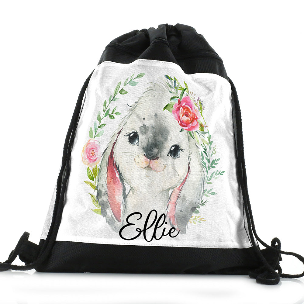 Personalised Rabbit Flower Wreath and Name Black Drawstring Backpack