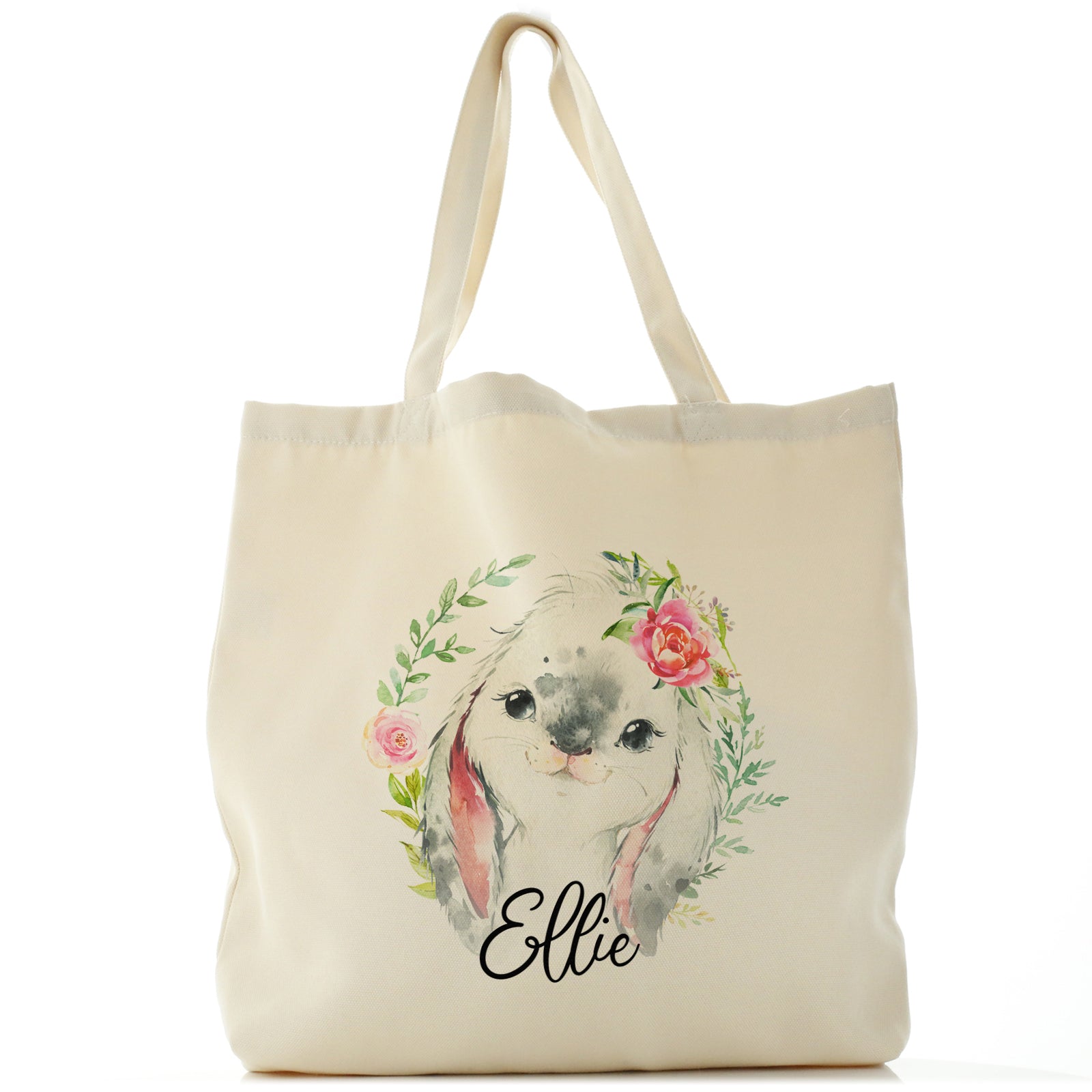 Personalised Canvas Tote Bag with Grey Rabbit Flower Wreath and Cute Text