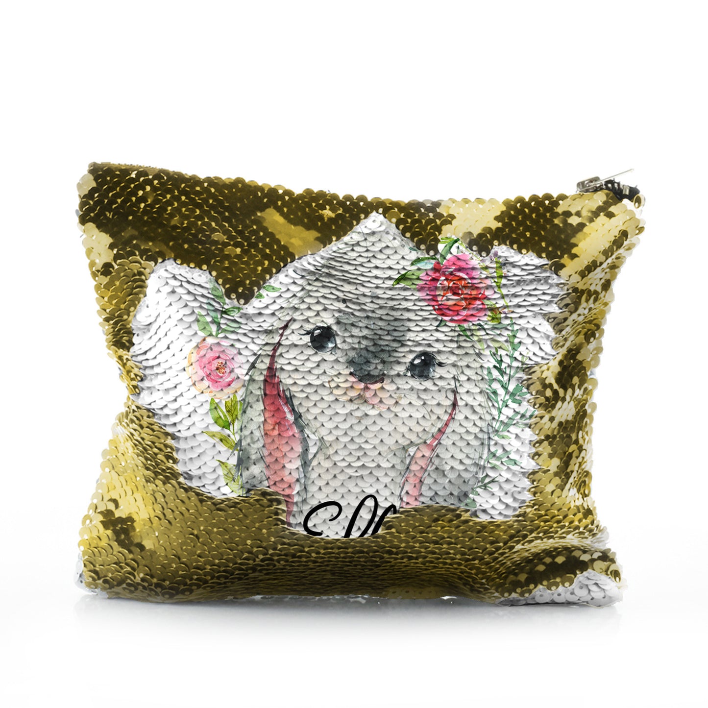 Personalisierte Pailletten-Reißverschlusstasche mit grauem Hasenblumenkranz und süßem Text