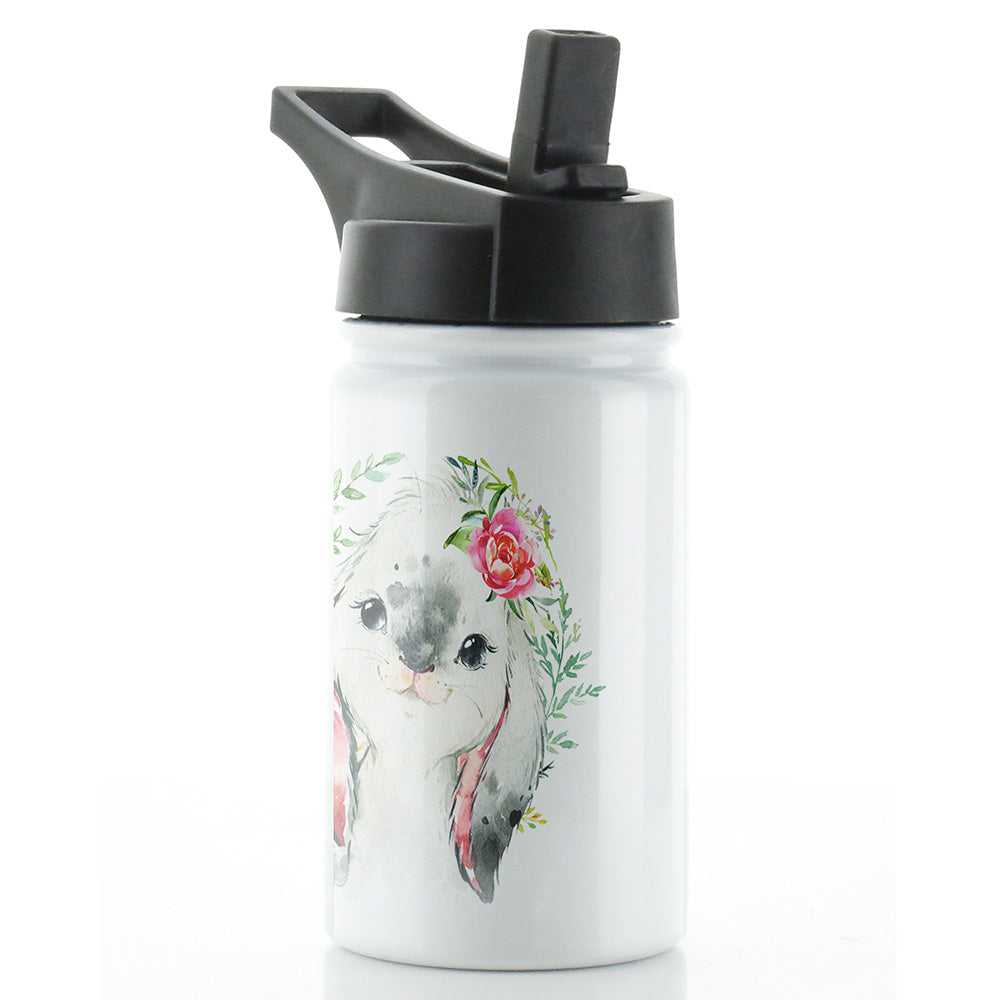 Personalised Grey Rabbit Flower and Name White Sports Flask