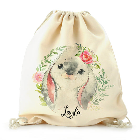 Personalised Canvas Drawstring Backpack with Grey Rabbit Flower Wreath and Cute Text