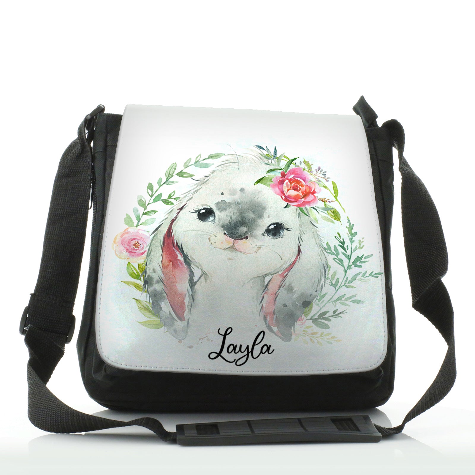 Personalised Shoulder Bag with Grey Rabbit Flower Wreath and Cute Text