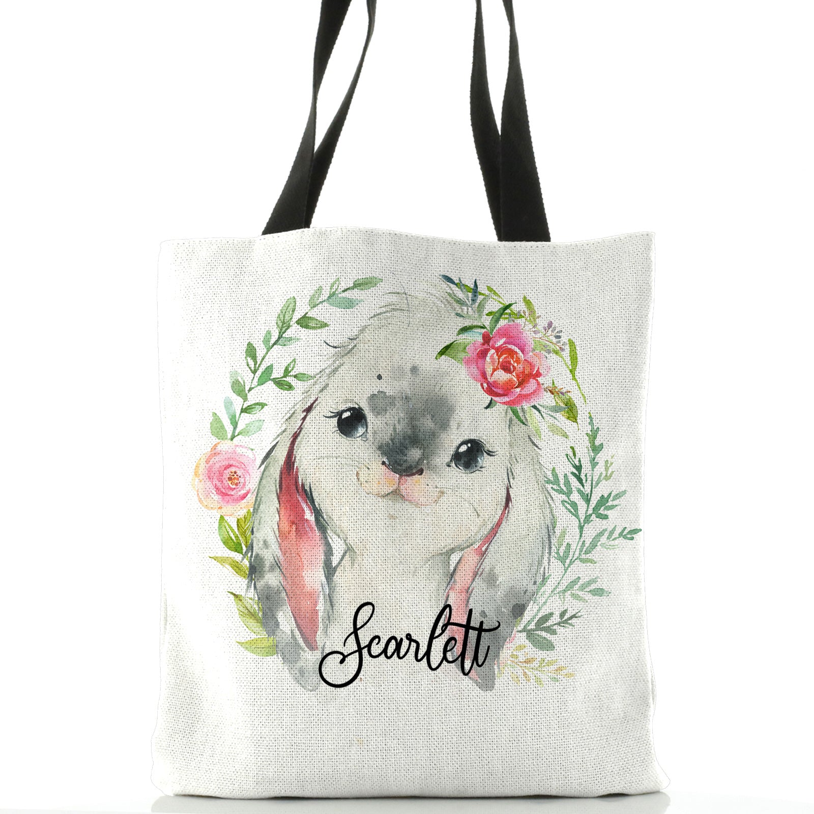 Personalised White Tote Bag with Grey Rabbit Flower Wreath and Cute Text