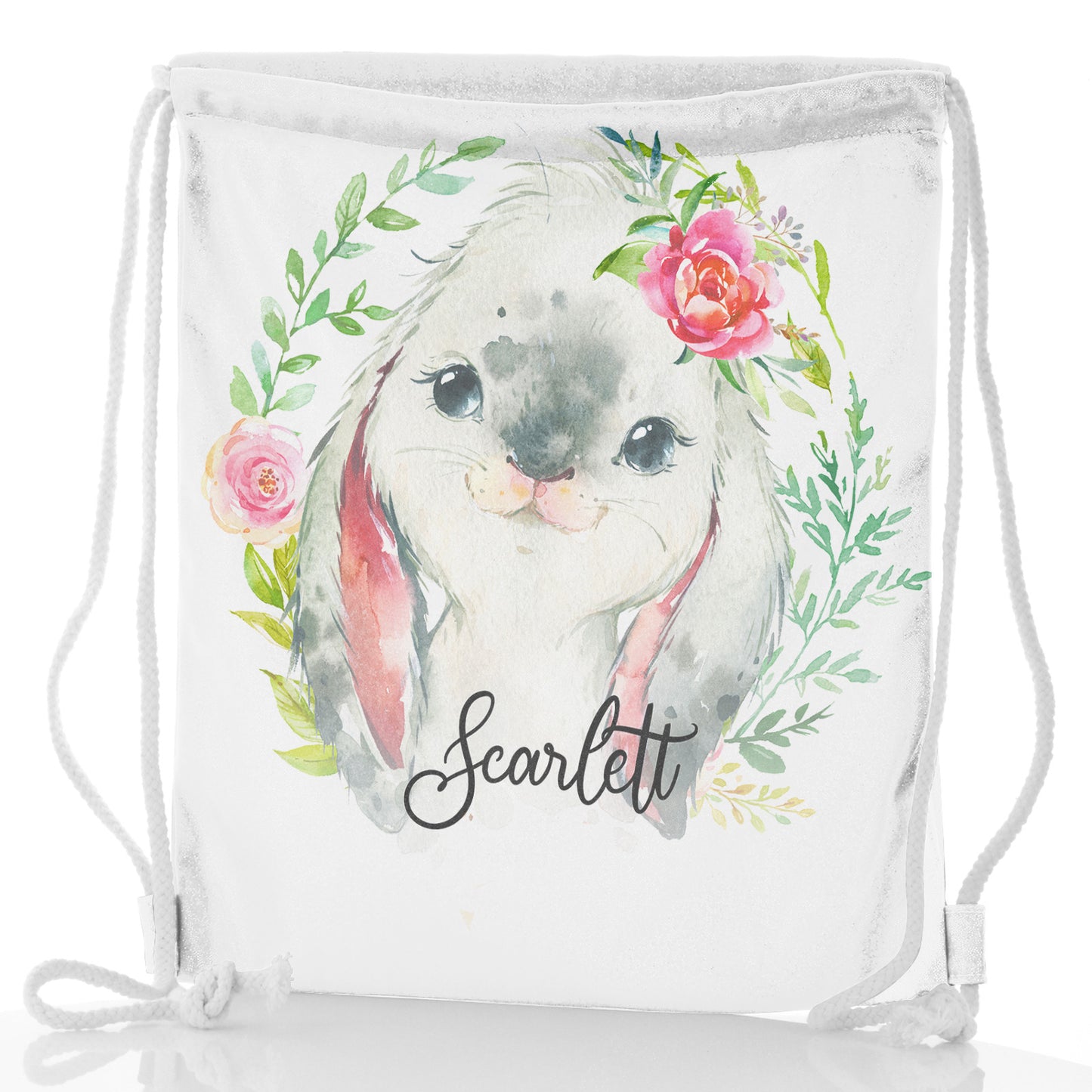 Personalisierter Glitzer-Rucksack mit Kordelzug, grauem Kaninchen-Blumenkranz und niedlichem Text