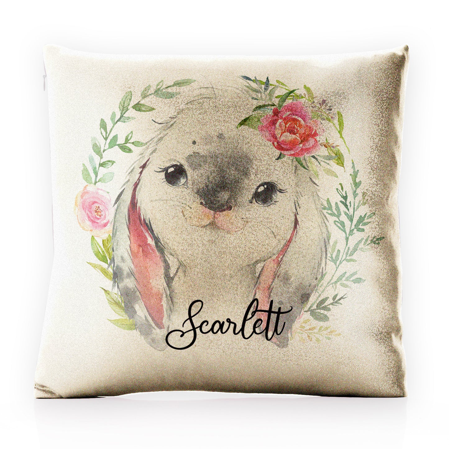 Personalised Glitter Cushion with Grey Rabbit Flower Wreath and Cute Text