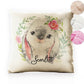 Personalised Glitter Cushion with Grey Rabbit Flower Wreath and Cute Text