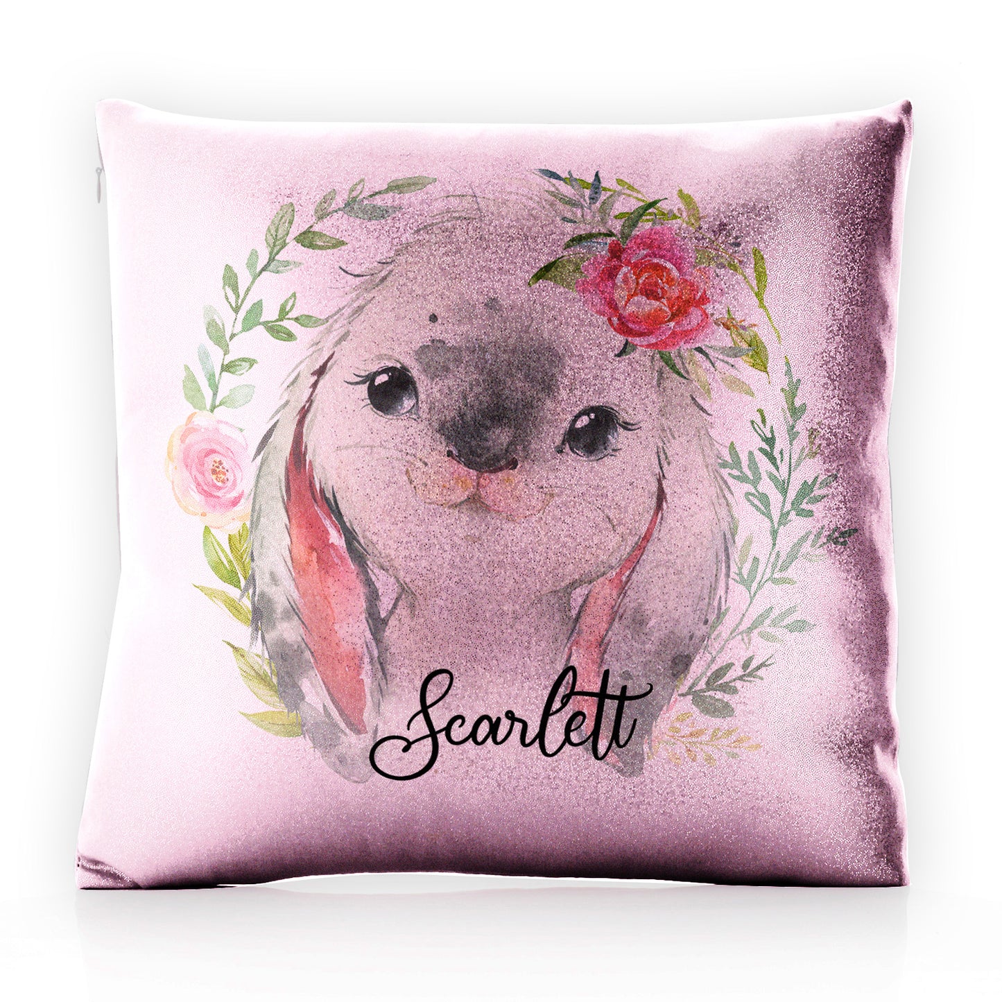 Personalised Glitter Cushion with Grey Rabbit Flower Wreath and Cute Text