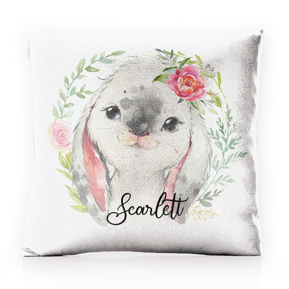 Personalised Glitter Cushion with Grey Rabbit Flower Wreath and Cute Text