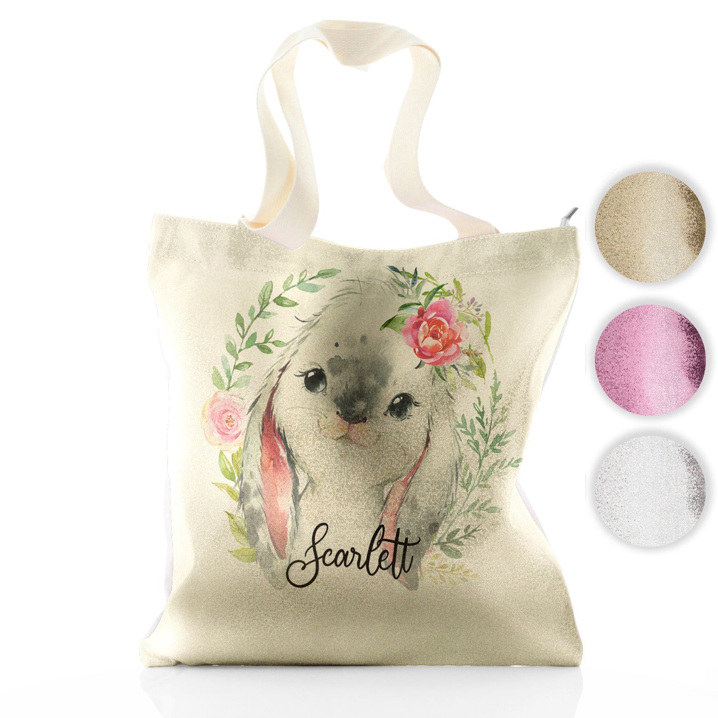 Personalised Glitter Tote Bag with Grey Rabbit Flower Wreath and Cute Text