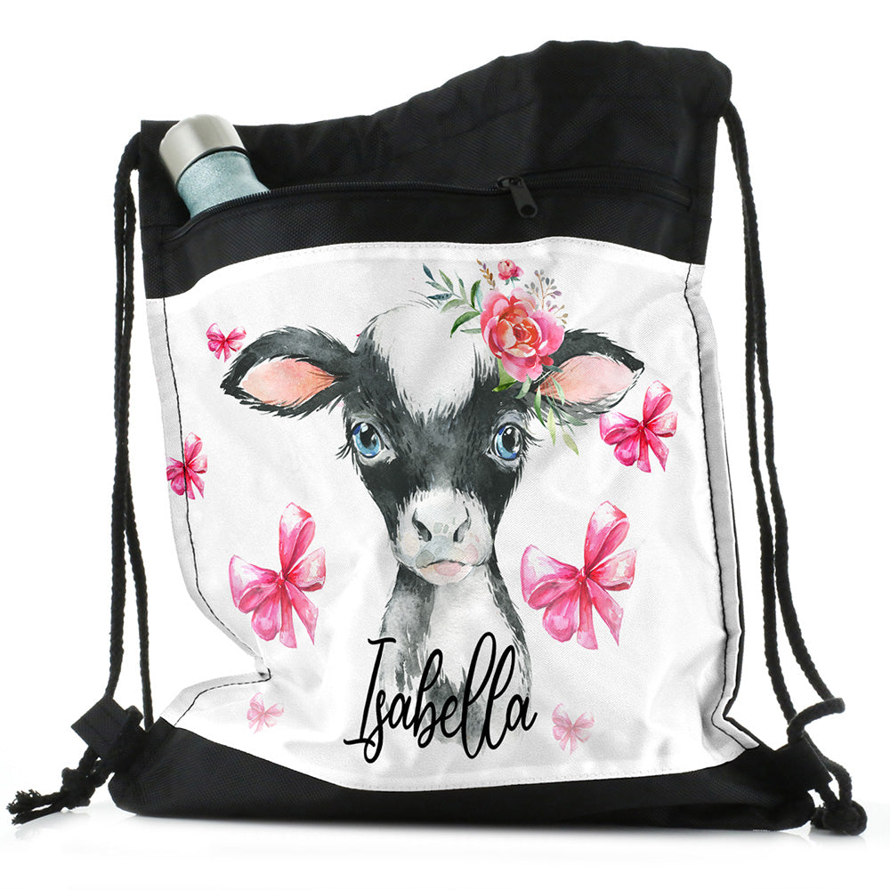 Personalised Cow Pink Glitter Bows and Name Black Drawstring Backpack