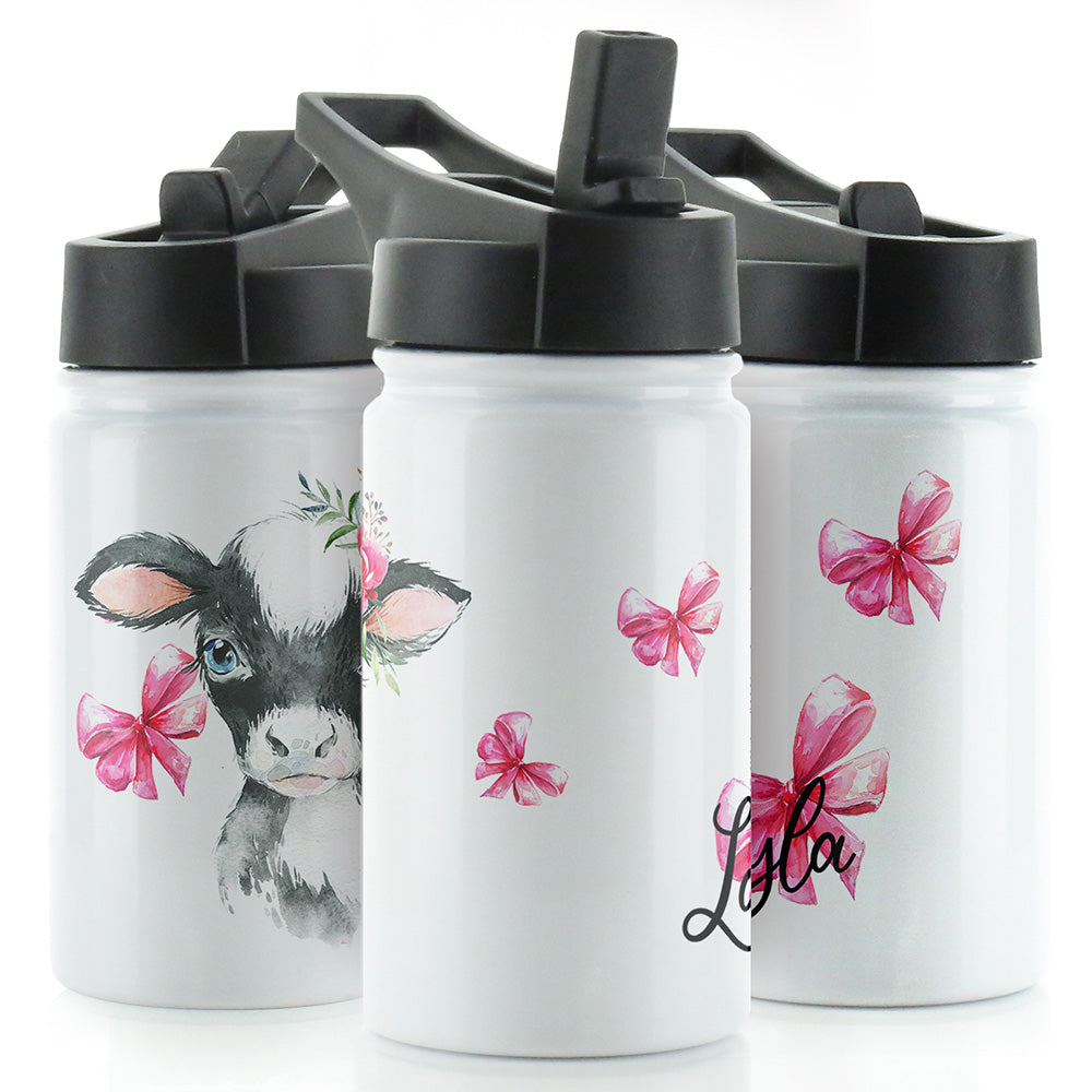 Personalised Cow Pink Bows and Name White Sports Flask