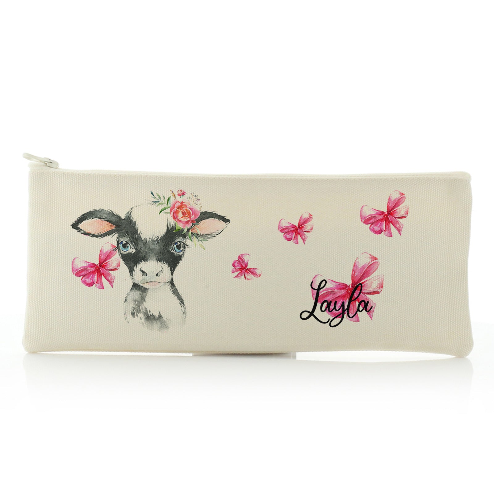 Personalised Canvas Zip Bag with Cow Pink Bows and Cute Text