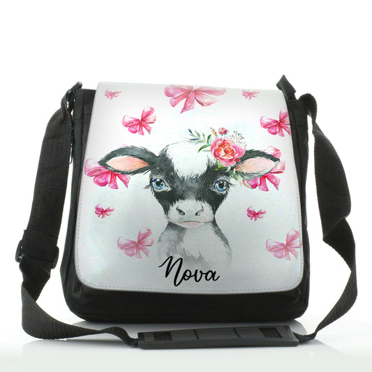 Personalised Shoulder Bag with Cow Pink Bows and Cute Text
