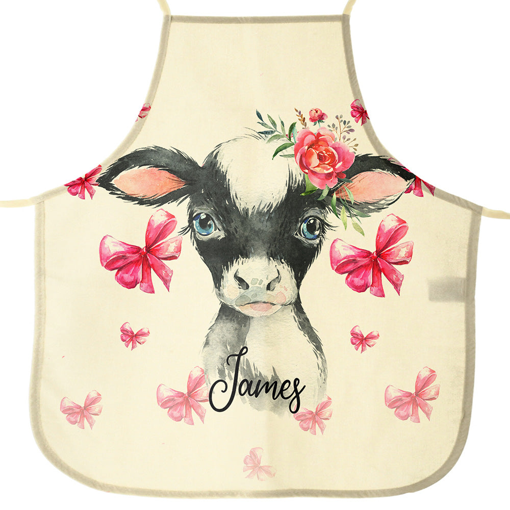 Personalised Canvas Apron with Cow Pink Bows and Name Design