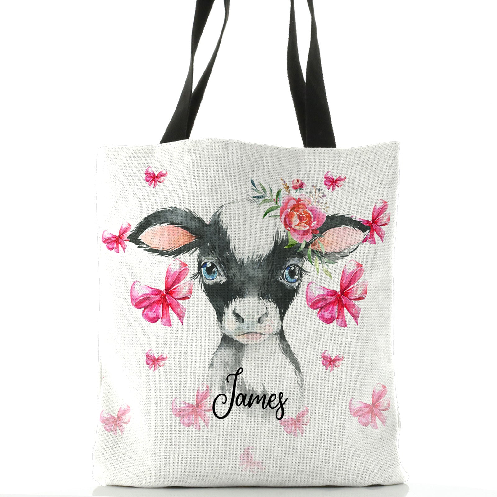 Personalised White Tote Bag with Cow Pink Bows and Cute Text