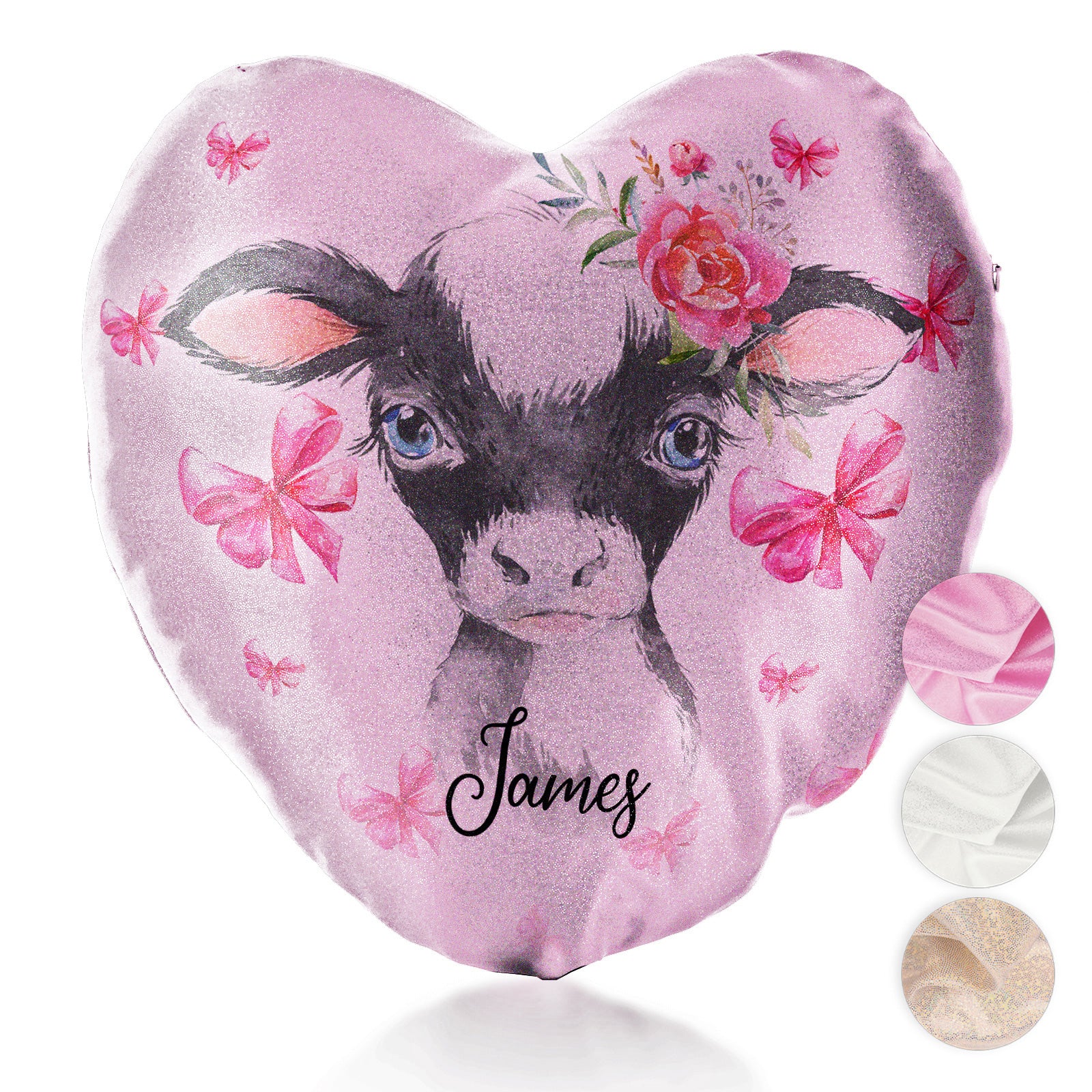 Personalised Glitter Heart Cushion with Cow Pink Bows and Cute Text