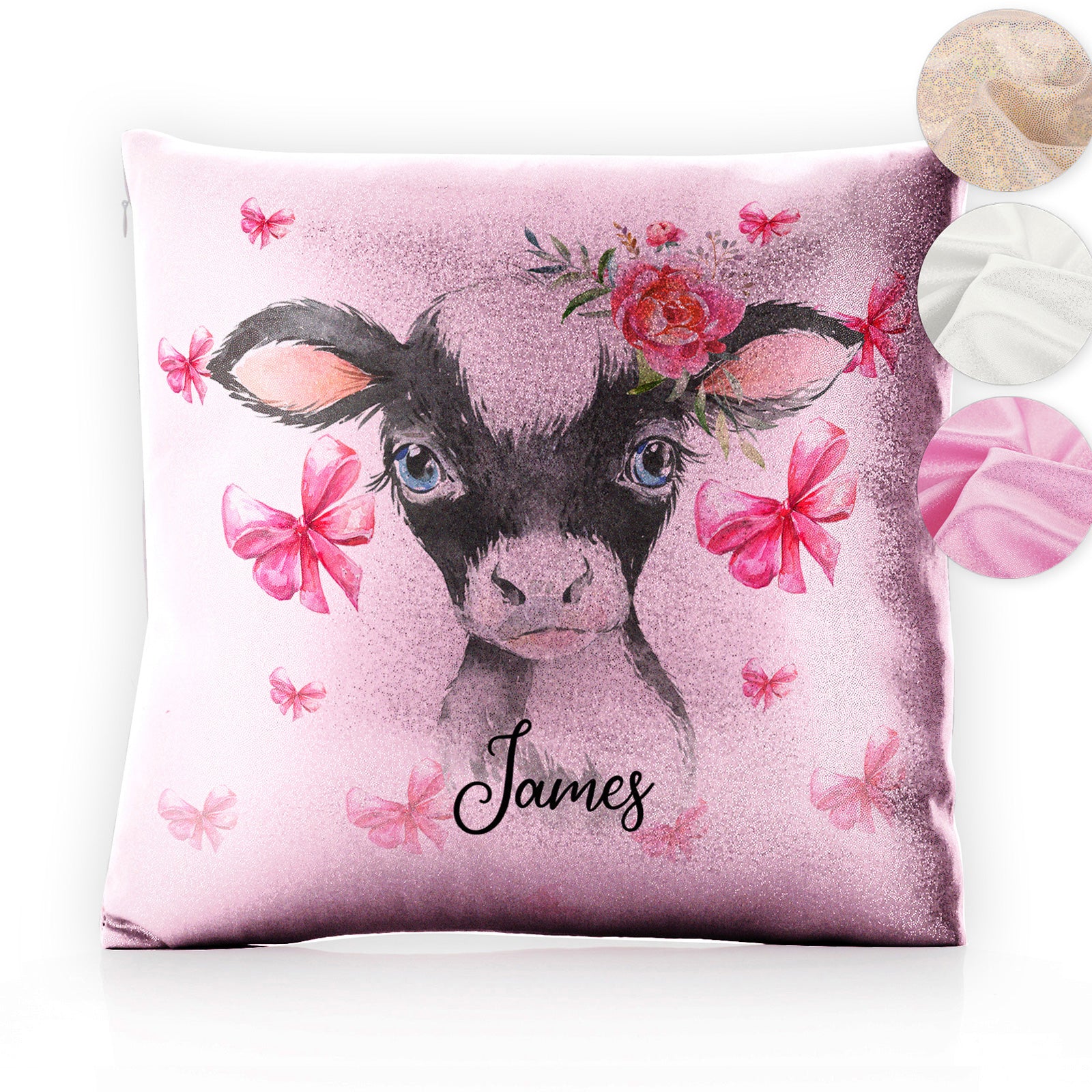 Personalised Glitter Cushion with Cow Pink Bows and Cute Text