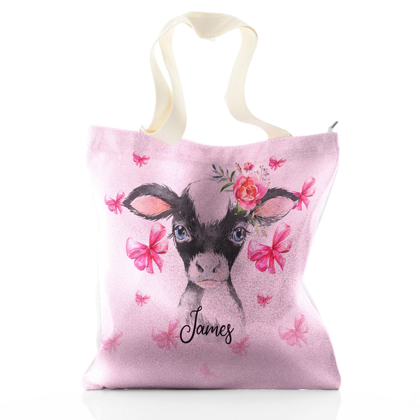 Personalised Glitter Tote Bag with Cow Pink Bows and Cute Text