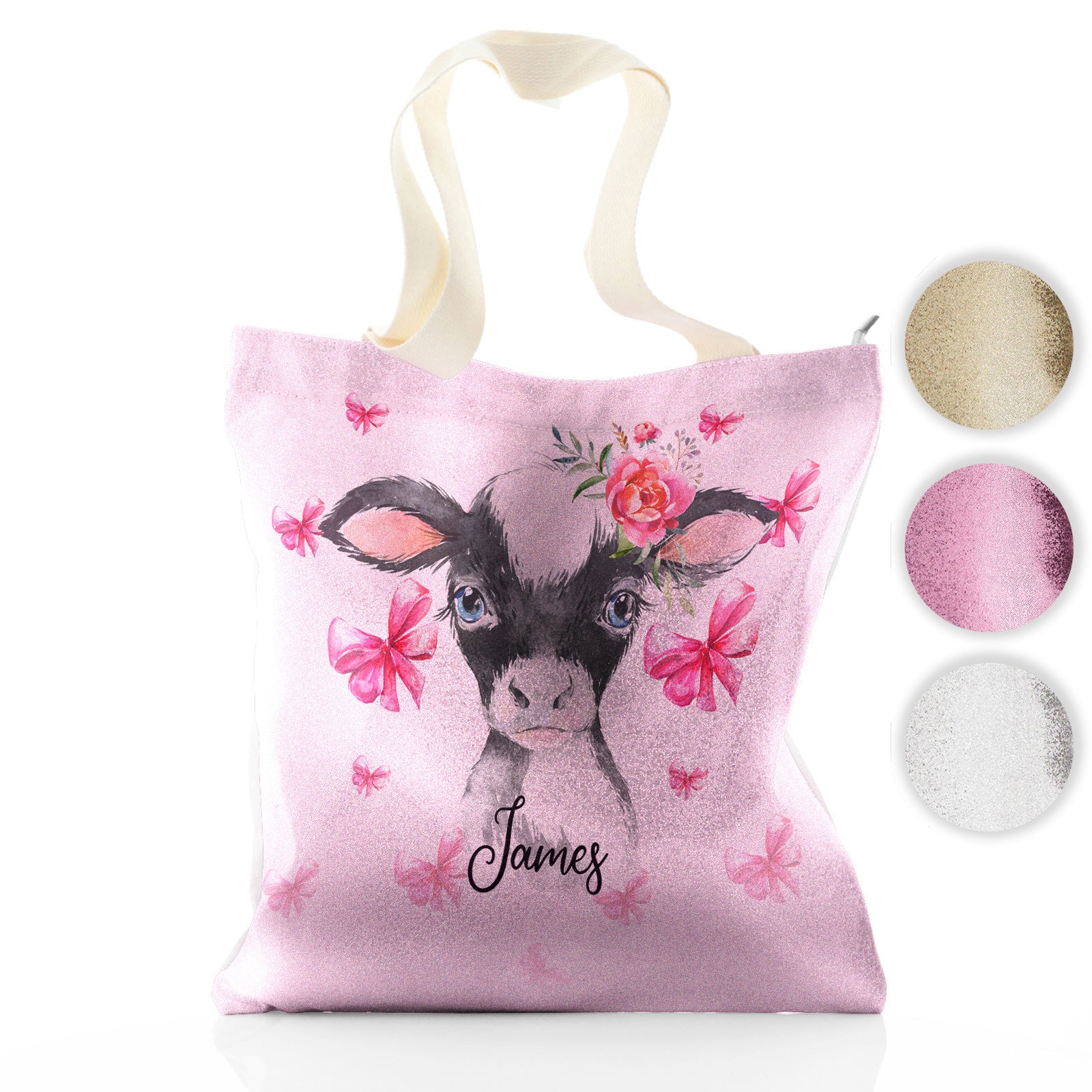 Personalised Glitter Tote Bag with Cow Pink Bows and Cute Text