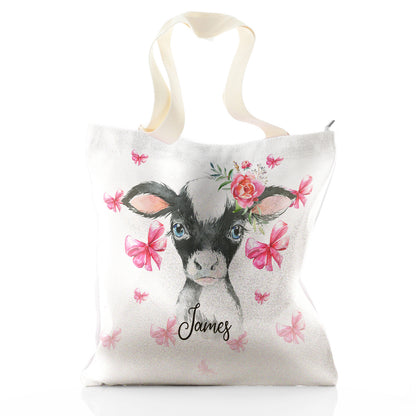 Personalised Glitter Tote Bag with Cow Pink Bows and Cute Text