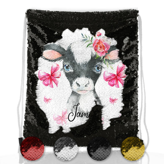 Personalised Sequin Drawstring Backpack with Cow Pink Bows and Cute Text
