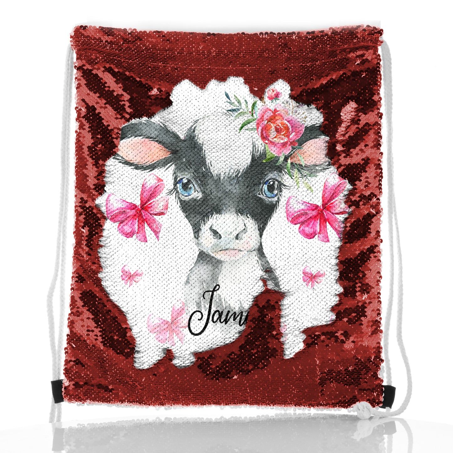 Personalised Sequin Drawstring Backpack with Cow Pink Bows and Cute Text