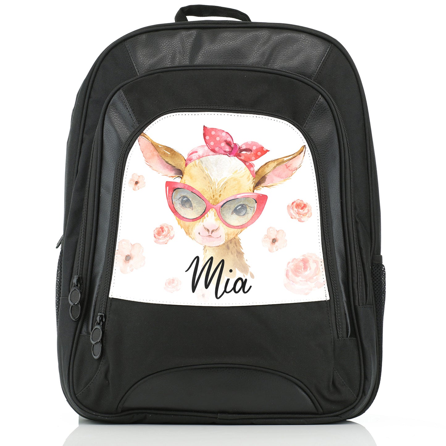 Personalised Large Multifunction Backpack with Goat Pink Glasses and Roses and Cute Text