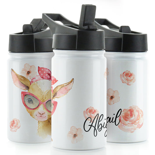 Personalised Goat Pink Glasses and Name White Sports Flask