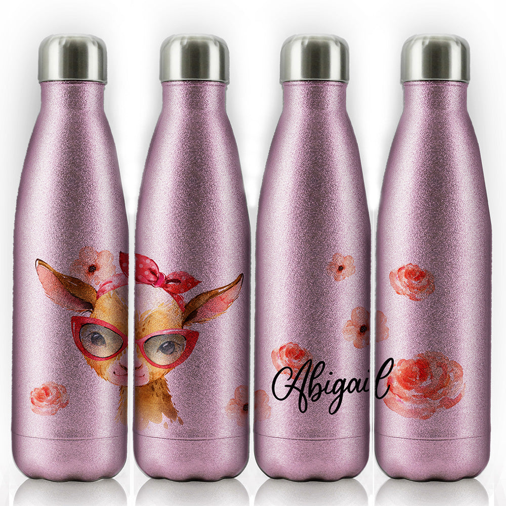 Personalised Goat Pink Glitter Glasses and Name Cola Bottle