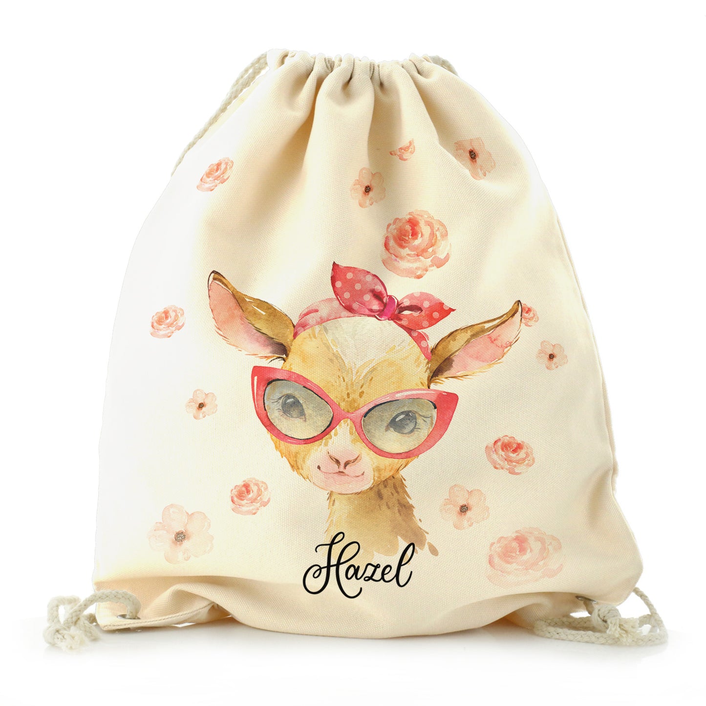 Personalised Canvas Drawstring Backpack with Goat Pink Glasses and Roses and Cute Text