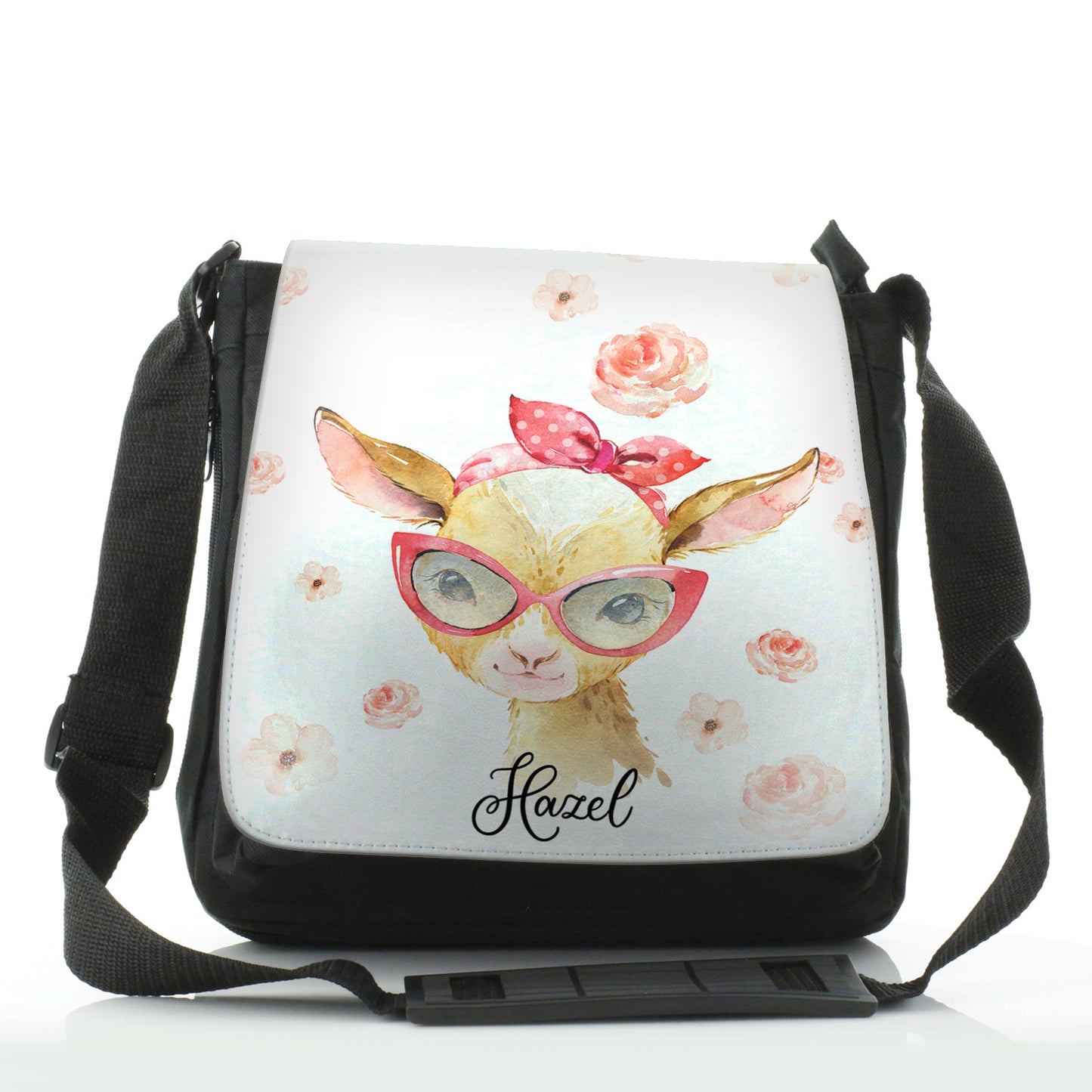 Personalised Shoulder Bag with Goat Pink Glasses and Roses and Cute Text